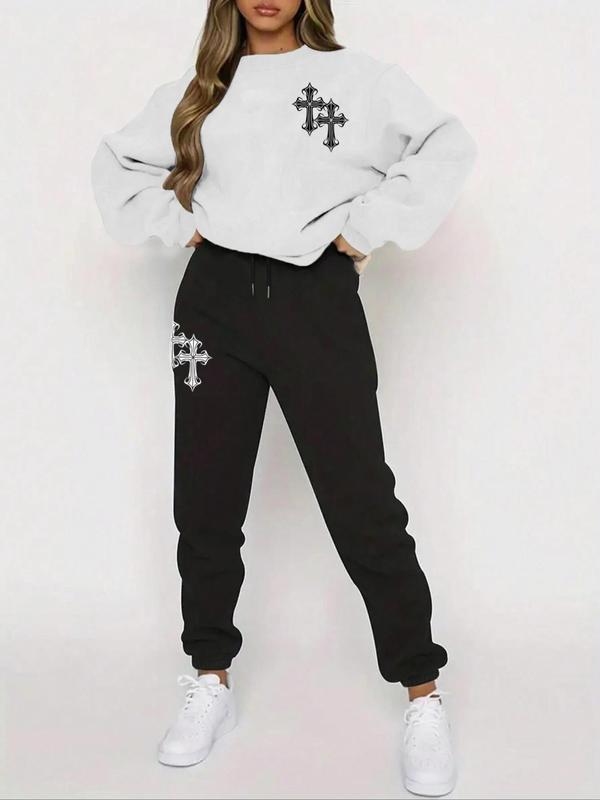 Women's Cross Print Drop Shoulder Sweatshirt & Drawstring Waist Sweatpants Set, Casual Fashion Cozy Round Neck Long Sleeve Pullover & Pocket Jogger Pants for Daily Wear, Women's Two-piece Outfits for Fall & Winter, Experimental Outfits